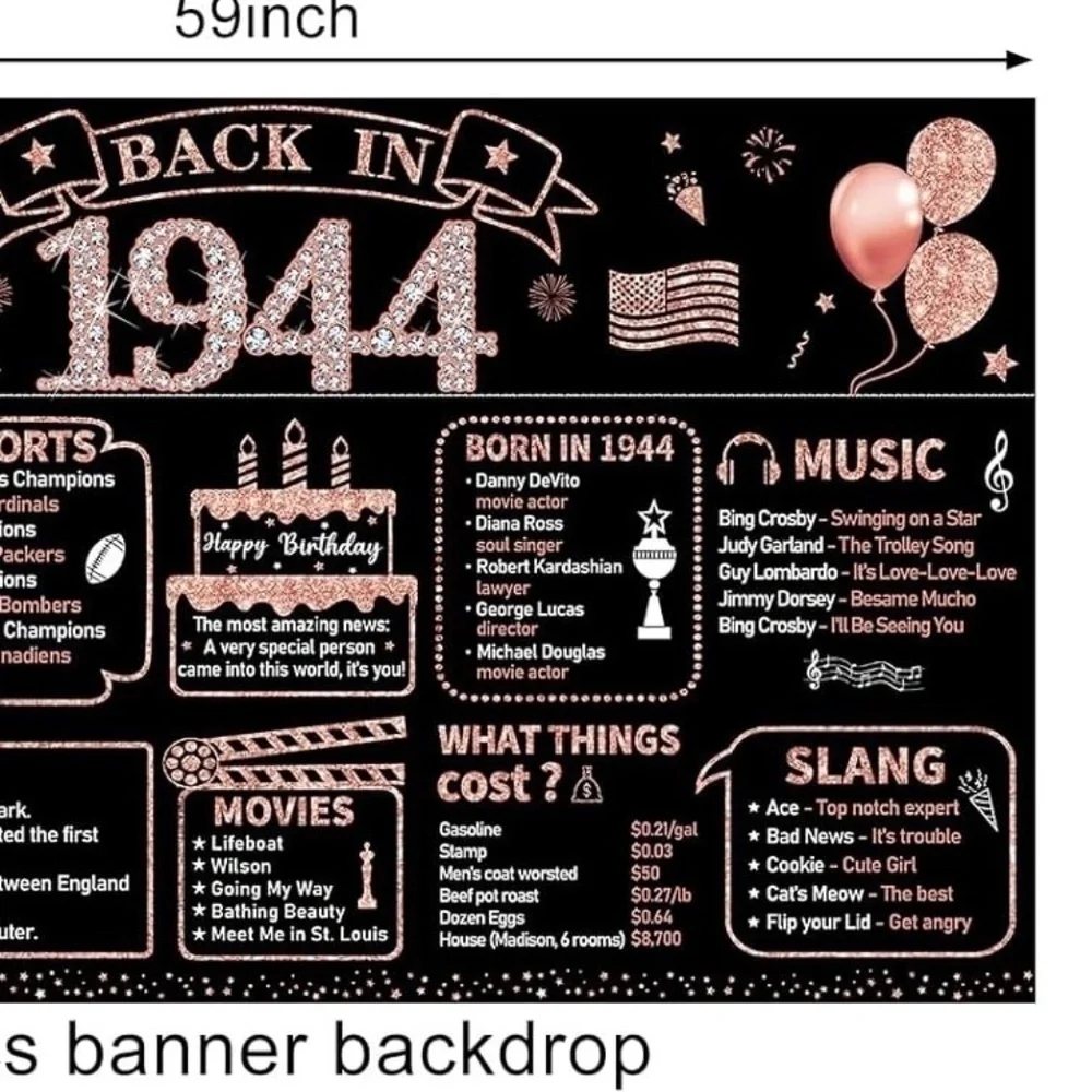 Born in‎ 1944 Birthday Banner; Black/Rose Gold; 59